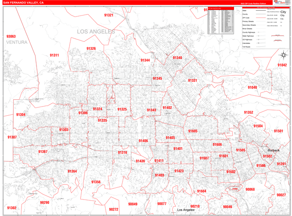 San Fernando Valley Metro Area Wall Map Red Line Style